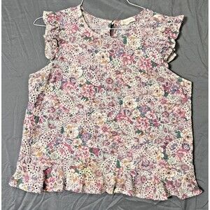 Solitaire Multicolor Embroidered Women's Top Ruffle Accents Sz L CottageCore 90s